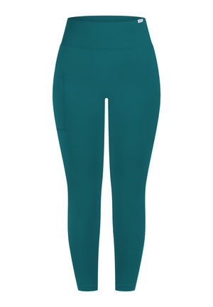 Leggings elásticos color azul verdoso con una cinturilla ancha acanalada, bolsillo lateral y textura suave. Diseñados para ofrecer comodidad y movilidad en ropa deportiva.