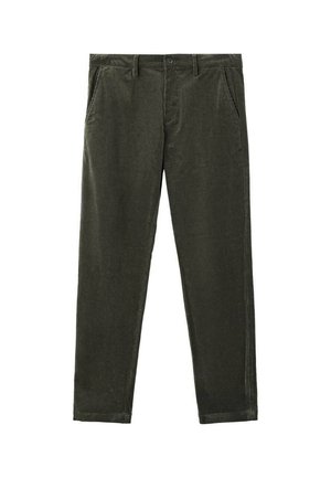 Pantaloni in velluto a coste verde scuro con una vestibilità dritta, dotati di tasche frontali e una superficie testurizzata. Chiusura con bottone e passanti per cintura inclusi.