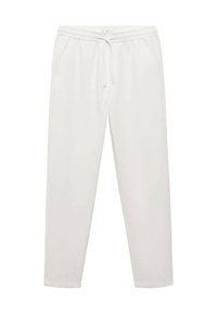 Vita bomullsbyxor med elastisk midja, snörning och två sidfickor. Slim fit med avsmalnande ben och inga synliga mönster.