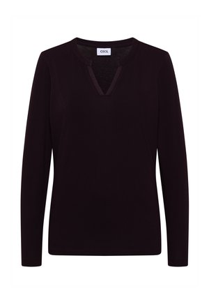 Ciemnofioletowa bluzka z długim rękawem i dekoltem w kształcie litery V, wykonana z miękkiego materiału. Charakteryzuje się prostym wzornictwem bez widocznych wzorów czy ozdób.