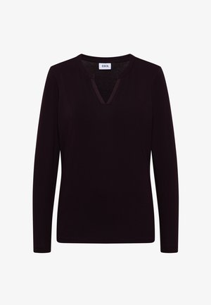 Ciemnofioletowa bluzka z długim rękawem i dekoltem w kształcie litery V, wykonana z miękkiego materiału. Charakteryzuje się prostym wzornictwem bez widocznych wzorów czy ozdób.