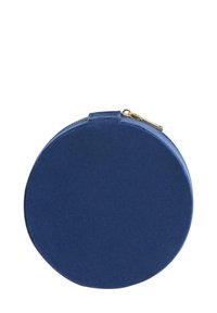 Round, blue fabric cosmetics case with a smooth texture, gold zipper closure, and flat top for stability. No visible patterns or accents.