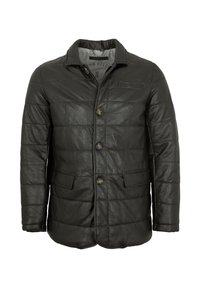 Schwarze Lederjacke mit gestepptem Muster, ausgestattet mit einem Kragen, Frontknöpfen, zwei seitlichen Taschen und einer Brusttasche.