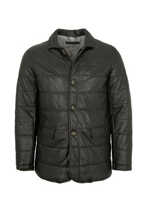 Schwarze Lederjacke mit gestepptem Muster, ausgestattet mit einem Kragen, Frontknöpfen, zwei seitlichen Taschen und einer Brusttasche.