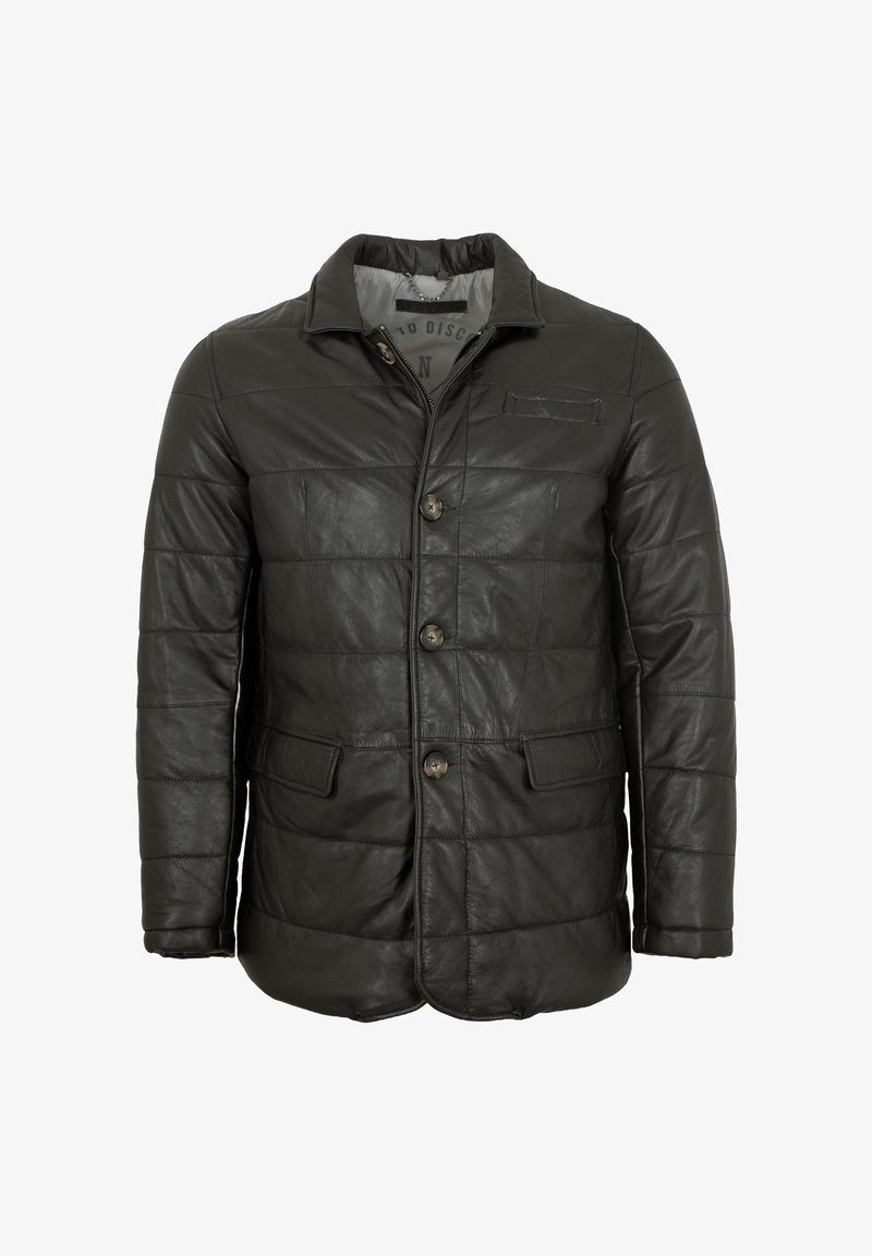 Schwarze Lederjacke mit gestepptem Muster, ausgestattet mit einem Kragen, Frontknöpfen, zwei seitlichen Taschen und einer Brusttasche.