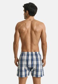 Boxers à carreaux pour hommes avec un schéma de couleurs blanc, bleu et gris. Taille élastique, coupe ample, motif principalement à carreaux sur un tissu doux.