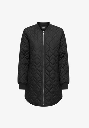Giacca bomber nera trapuntata con chiusura zip, polsini elasticizzati e tasche laterali, caratterizzata da un motivo a rombi e orlo arrotondato.