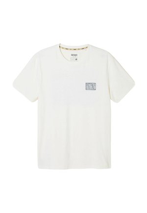Kremfarvet bomulds-T-shirt med rund hals, korte ærmer og et trykt "FATFACE"-logo i en rektangulær boks på venstre bryst.