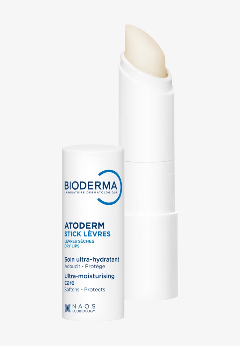 Bioderma Atoderm ultra-verzorgende lippenbalsem stick voor droge lippen met witte verpakking en blauwe tekst.