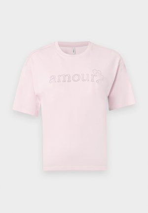 T-shirt en coton rose à manches courtes avec le texte "amour" en strass brillants, col rond et coupe décontractée.
