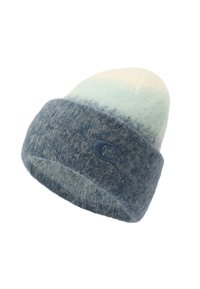 Berretto in lana lavorato a maglia con una gradazione di colore che va dall'azzurro chiaro al blu navy. Presenta una risvolto e un logo ricamato blu scuro sul lato.