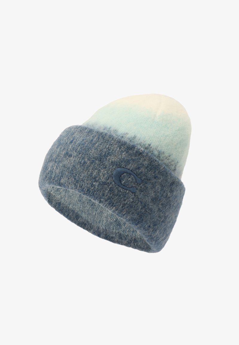 Knitted wool beanie with gradient color scheme from light blue to navy. Features a folded cuff and embroidered dark blue logo on the side.
