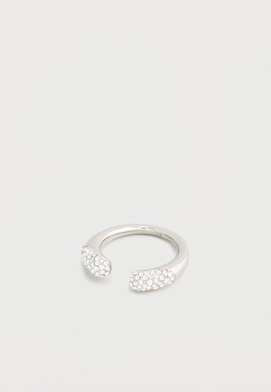 Silver open-ended ring with two rounded ends encrusted with small clear crystals on a plain light background.