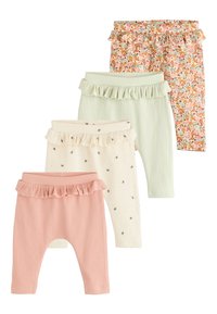 Vier Paar Leggings: hellrosa, cremefarben mit Blumenmuster, sanftgrün und ein Stoff mit Blumenmuster, alle mit gerafftem Bund und gerippter Textur.