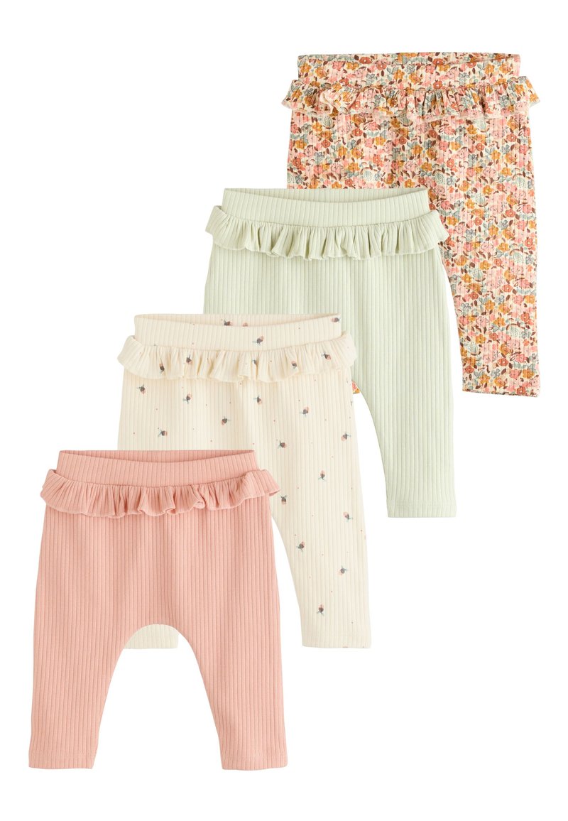 Vier Paar Leggings: hellrosa, cremefarben mit Blumenmuster, sanftgrün und ein Stoff mit Blumenmuster, alle mit gerafftem Bund und gerippter Textur.
