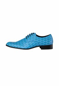 Blue dress shoe with a glossy finish, featuring a repeating black pattern. It has a pointed toe and a low black heel. Six eyelet lace-up design.