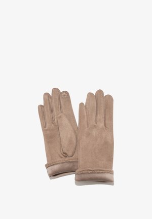 Brown suede gloves with a smooth texture, featuring a rounded flower accent on the wrist and a soft, rolled cuff.