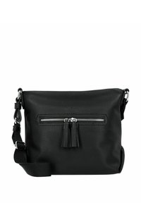 Schwarze Leder-Crossbody-Tasche mit strukturiertem Oberflächen, Reißverschluss-Fronttasche und dekorativen Quasten. Verfügt über einen verstellbaren Riemen und silberne Beschläge.