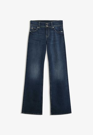 Wijde donkerblauwe jeans van denim met een gemiddelde wassing, twee voorzakken en een tailleband met twee knopen. Kenmerkt zich door subtiele vervaging en contrasterende stiksels.
