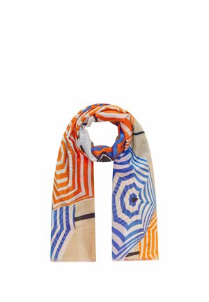 Écharpe légère en tissu avec des motifs de parapluies rayés orange et bleu, pliée et drapée sur un fond blanc.