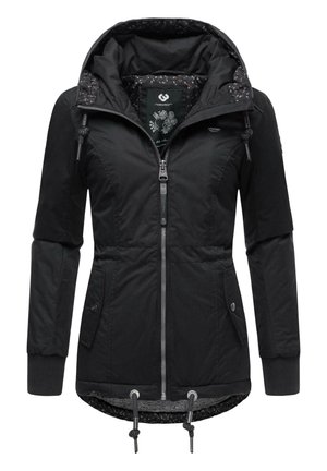 Black padded jacket with a zip closure, adjustable hood, two front pockets, and drawstring hem. Interior features a patterned lining.