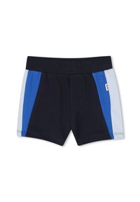 Pantaloni corti in cotone blu navy con pannelli laterali azzurri e blu scuro. Presentano una vita elasticizzata e una piccola tasca frontale.