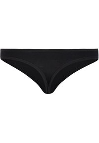 Schwarze Baumwoll-Bikiniunterhose mit dünnem elastischem Bund und nahtlosen Kanten, die eine glatte Textur und ein minimales Design aufweist.