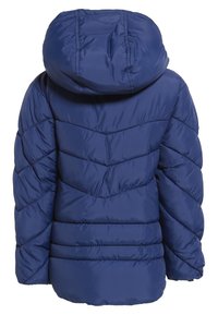 Giacca imbottita blu navy con cappuccio, caratterizzata da motivi a chevron trapuntati, una texture liscia e lucida, e polsini elasticizzati.