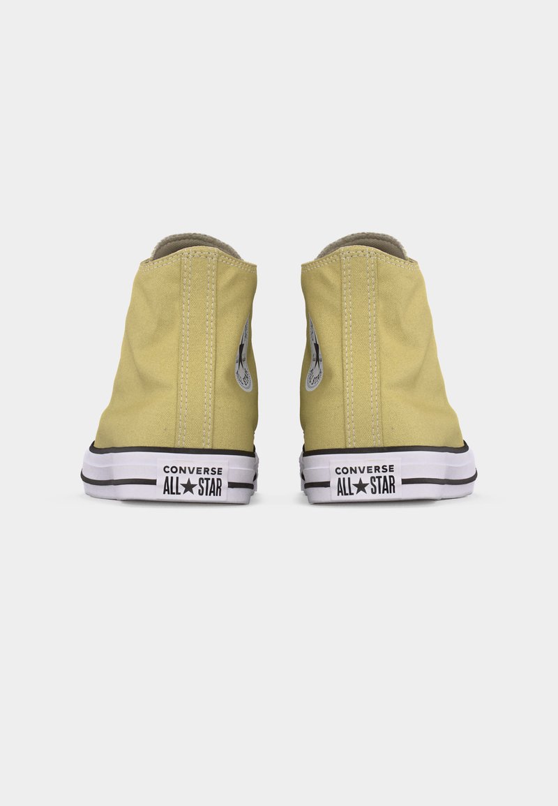 Par de zapatillas Converse All Star de caña alta en color amarillo, vistas desde atrás, con suelas blancas y franjas negras sobre un fondo blanco.