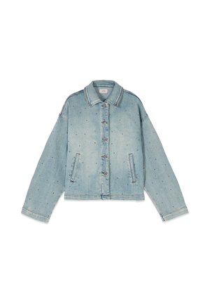 Hellblaue Jeansjacke mit langen Ärmeln, Kragen, Knopfverschluss vorne, Seitentaschen und dezentem mehrfarbigem Sprenkelmuster.