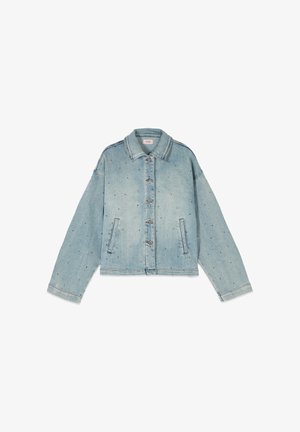 Giacca in denim azzurro chiaro con maniche lunghe, colletto, chiusura frontale con bottoni, tasche laterali e delicato motivo a pois multicolore.