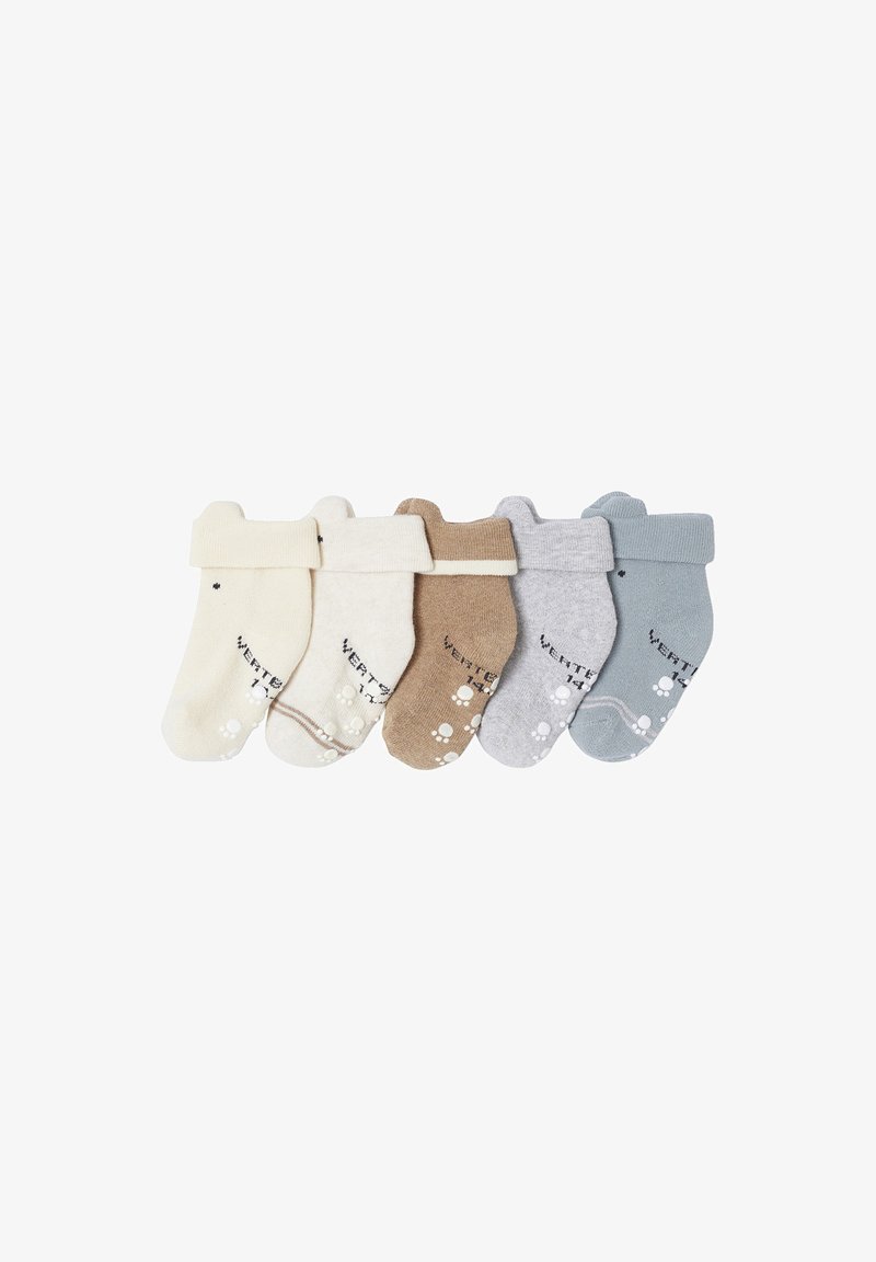 Fünf Paar gefaltete Babysocken in Creme, Beige, Braun, Grau und Blau mit rutschfesten Pfotenabdrücken auf den Sohlen.