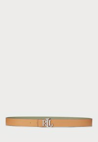 Tan leather belt with a silver "RL" logo buckle. Features a smooth texture and green lining, with multiple belt hole adjustments.