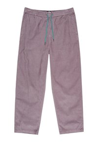 Light purple corduroy pants with an elastic waistband, featuring a teal drawstring and a straight-leg design. Subtle stripe pattern throughout.