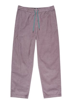 Pantaloni in corduroy di un leggero colore viola con cintura elastica, dotati di un cordoncino turchese e design a gamba dritta. Sottile motivo a righe su tutta la superficie.