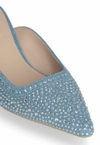 Šviesiai mėlyna smailia nosimi bateliai su tekstūruota medžiaga, papuošta skaidriais rhinestones. Vidaus dalis yra smėlio spalvos, pabrėžianti elegantišką, atvirą dizainą.