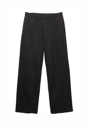 Pantalons larges noirs avec une taille élastique et des détails de couture sur les genoux avant.