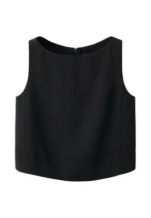 Schwarzes ärmelloses Oberteil mit rundem Ausschnitt und glatter Stoffstruktur. Verfügt über einen dezenten Reißverschluss am Rücken und einen geraden Saum.