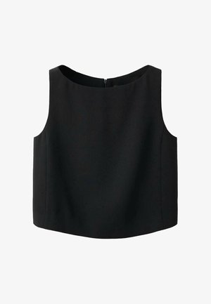 Top nero senza maniche con scollo arrotondato e texture del tessuto liscia. Presenta una discreta cerniera posteriore e un'orlo dritto.