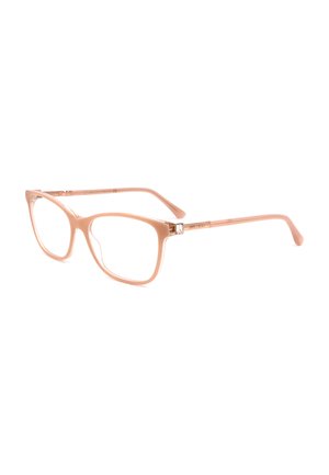 Montatura per occhiali rettangolare traslucida rosa chiaro con aste sottili e piccolo dettaglio decorativo quadrato vicino alle cerniere.