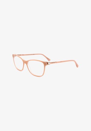 Montatura per occhiali rettangolare traslucida rosa chiaro con aste sottili e piccolo dettaglio decorativo quadrato vicino alle cerniere.