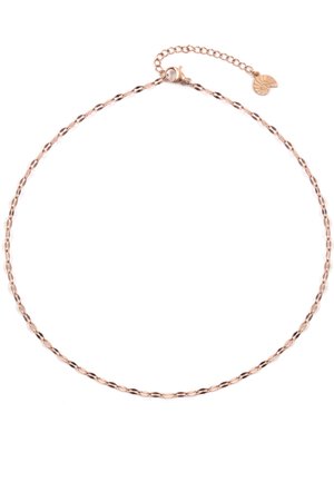 Collier en chaîne en or rose délicatement torsadé avec un petit pendentif coquillage sur une rallonge de fermoir réglable.