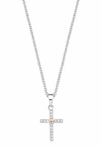 Collana con pendente a forma di croce in argento, dotata di una catena, con un accento a forma di cuore in oro rosa e pietre brillanti incastonate sulle barre della croce.