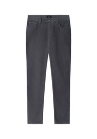 Pantalones de algodón gris con un corte ajustado, que cuentan con cinco bolsillos, cierre clásico de botón y cremallera, y textura suave.