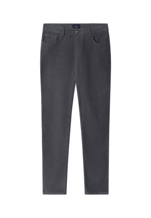 Pantalones de algodón gris con un corte ajustado, que cuentan con cinco bolsillos, cierre clásico de botón y cremallera, y textura suave.