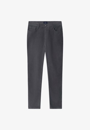 Šedé bavlnené nohavice so slim fit strihom, vybavené piatimi vreckami, klasickým zapínaním na gombík a zips, a hladkou textúrou.