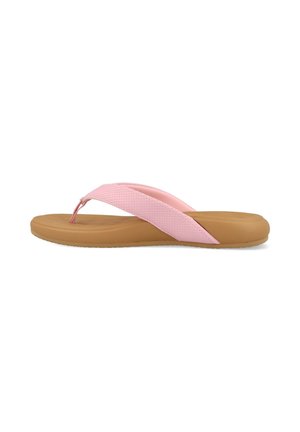 Thin-strapped flip-flops with a pink textured strap and a tan rubber sole. The sole has a slight curve for comfort and flexibility.