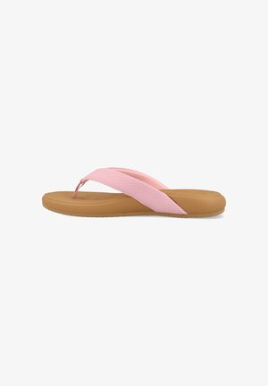 Dunne zwangerschapsflip-flops met een roze gestructureerde band en een tan rubberen zool. De zool heeft een lichte curve voor comfort en flexibiliteit.