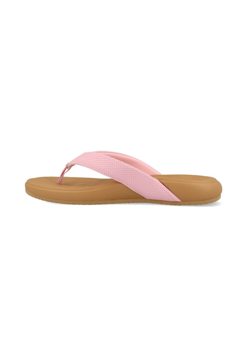 Dunne zwangerschapsflip-flops met een roze gestructureerde band en een tan rubberen zool. De zool heeft een lichte curve voor comfort en flexibiliteit.