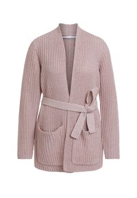 Cárdigan de punto rosa claro con apertura frontal, cinturón en la cintura, dos bolsillos delanteros y un patrón texturizado. Hilo suave y ajuste relajado.